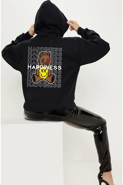 DEEPSENCE Women's Black Hooded Sweatshirt Happines Back Print