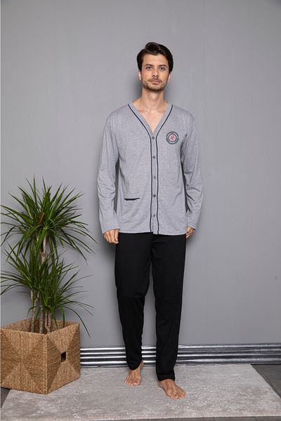 Ayans Pijama Set de pijamale cu nasturi, din jerseu, cu gât subțire