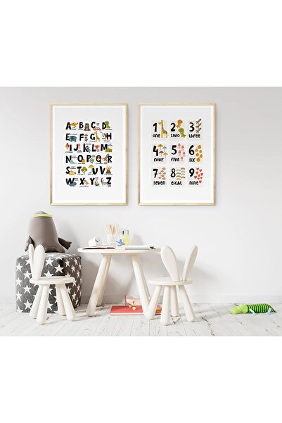Simgeler , Hayvanlar Ile Harfleri Ve Rakamları Öğrenme Bebek & Çocuk Odası Mdf Tablo Seti 2 Parça