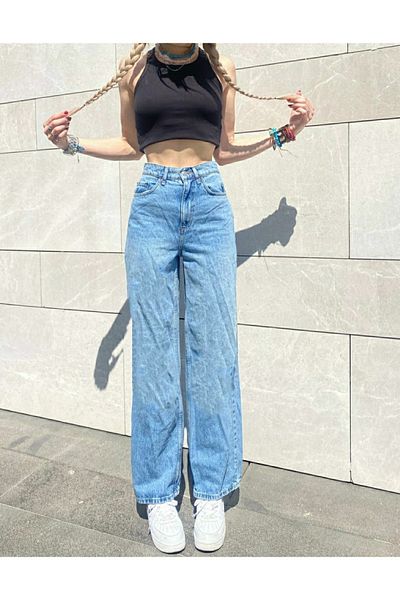 Ramrod Blugi Ricra cu talie înaltă largi, albastru mediu, din denim