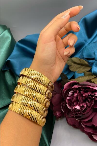 barisiva gold 22 Ayar Altın Kaplama 5 Adet Çapraz Çizgili Bilezik