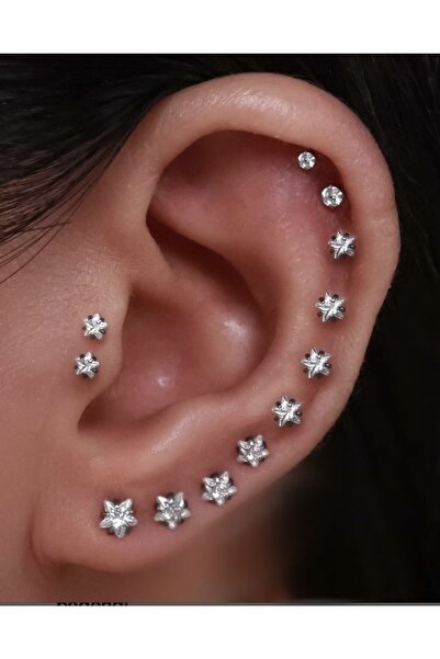 Arescollection Cerrahi Çelik Gümüş Renk Tek Taş Yıldız Tragus Helix Kıkırdak Piercing