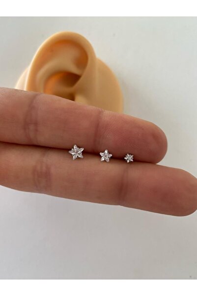 Arescollection Cerrahi Çelik Gümüş Renk Tek Taş Yıldız Tragus Helix Kıkırdak Piercing