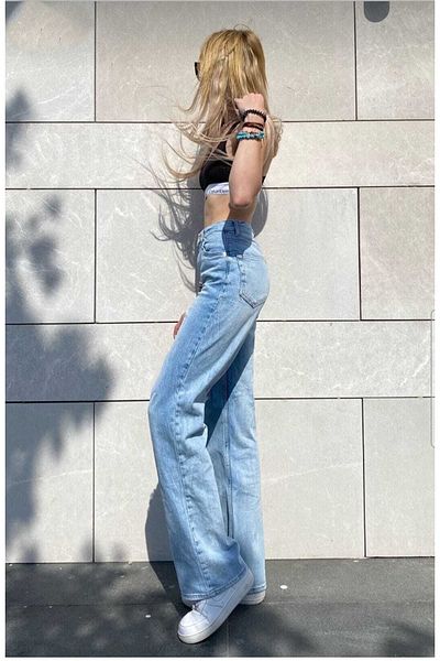 Ramrod Blugi Ricra cu talie înaltă largi, albastru mediu, din denim