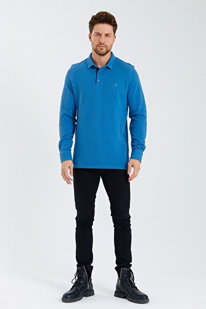 ENQUE Мъжки дълъг широк зимен син суичър с поло яка