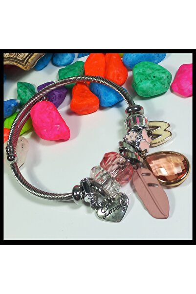 FAMİLY Pembe Kristal Taş Temalı Charmlı Gümüş Renk Paslanmaz Ve Kararmaz Çelik Bileklik