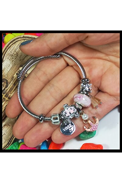 FAMİLY Pembe Çapa Detaylı Charmlı Silver Renk Paslanmaz Ve Kararmaz Çelik Bileklik
