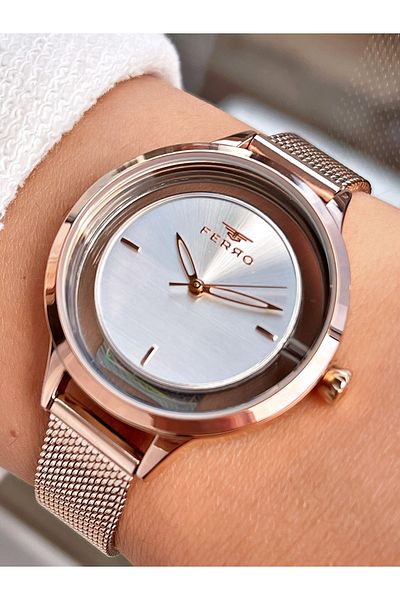 FERRO Rose Gold Color Simple Model Steel Strap Women's Wristwatch