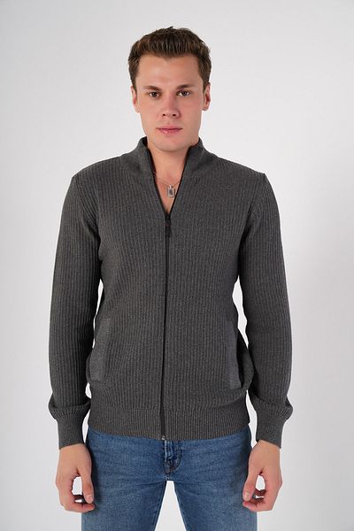 Trist Star Men's Anthracite Knitwear Cardigan - 100% Cotton Fermitari Stand Collar Pocket