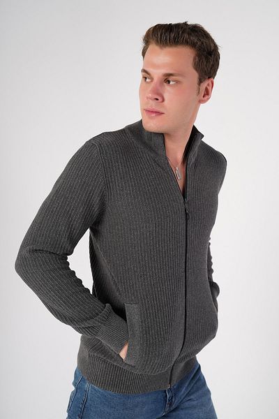 Trist Star Men's Anthracite Knitwear Cardigan - 100% Cotton Fermitari Stand Collar Pocket