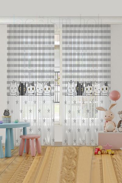 Bebişim Halı Cute Cats Children's Room Tulle Curtain