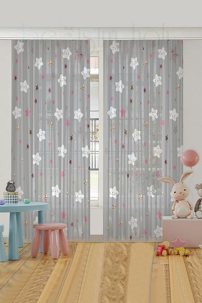 Bebişim Halı Cute Stars Children's Room Tulle Curtain