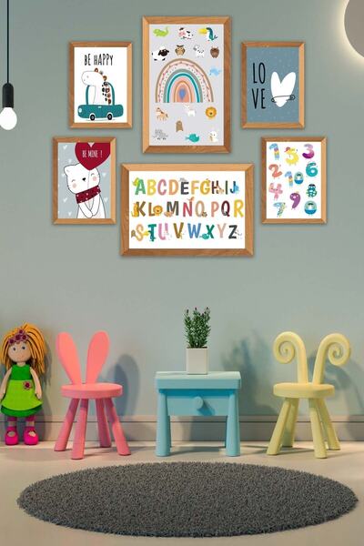 no77decor 6 Parça Çoçuklar Için Renkli Alfabe Sayılar Eğitici Tablo Ahşap Çer...
