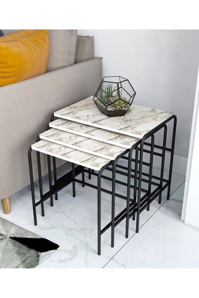 arvenlive Beyaz Mermer Desenli Metal Siyah Ayaklı 4'lü Zigon Sehpa, Orta Sehpa
