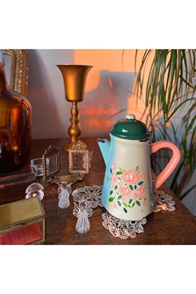 Handmadesign Kapaklı El Yapımı Seramik Sürahi - El Boyaması Çiçekli Yeşil Pembe