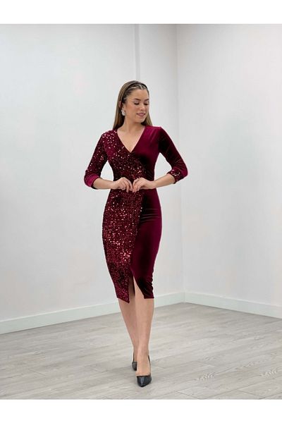 giyimmasalı Velvet Sequin Double-breasted Jacket Dress - Claret Red