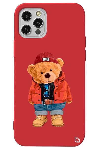WANNA PROTECT Iphone 14 Pro Kırmızı Içi Kadife Ayıcık Desenli Silikon Telefon...