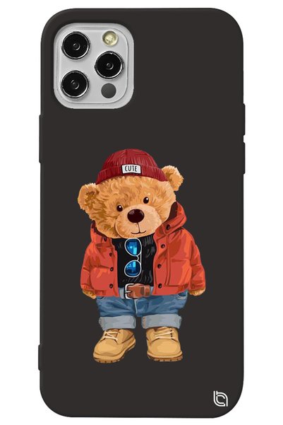 WANNA PROTECT Iphone 14 Pro Max Siyah Premium Içi Kadife Ayıcık Desenli Silik...