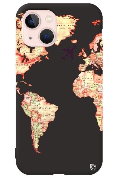 WANNA PROTECT iPhone 14 Plus Black Premium Velvet Map Patterned Silicone Phon...