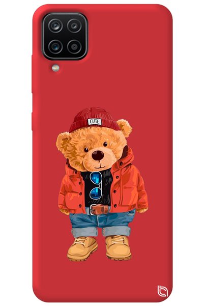 WANNA PROTECT Samsung M12 Red Premium Velvet Teddy Bear Patterned Silicone Ph...