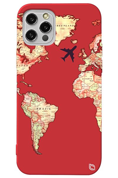 WANNA PROTECT Iphone 14 Pro Max Kırmızı Premium Içi Kadife Harita Desenli Sil...