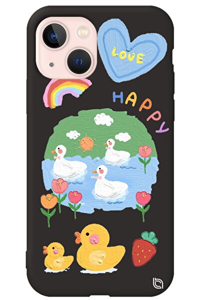 WANNA PROTECT Iphone 13 Siyah Premium Içi Kadife Happy Duck Desenli Silikon T...