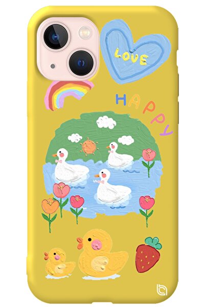WANNA PROTECT Iphone 14 Plus Sarı Premium Içi Kadife Happy Duck Desenli Silik...