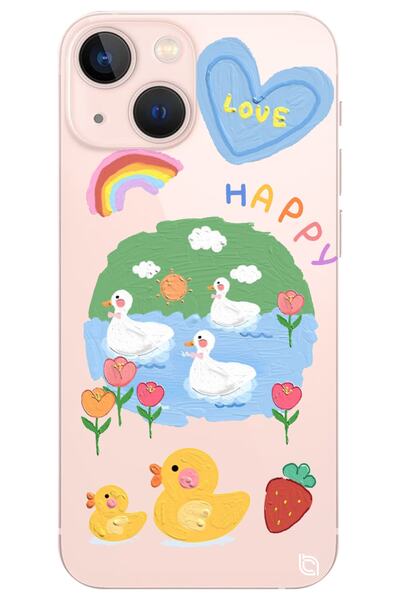 WANNA PROTECT Iphone 14 Plus Happy Duck Desenli Silikon Şeffaf Telefon Kılıfı