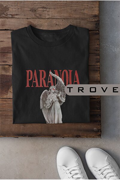 TROVE Tricou unisex pentru bărbați Paranoia, 100% bumbac, imprimat alb-negru