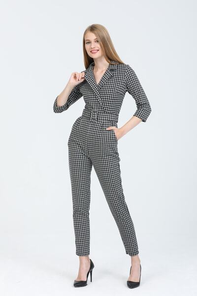 lovebox نسيج الجاكار المرن سترة مزدوجة الصدر بياقة الكوع وأكمام بطول المعصم و...