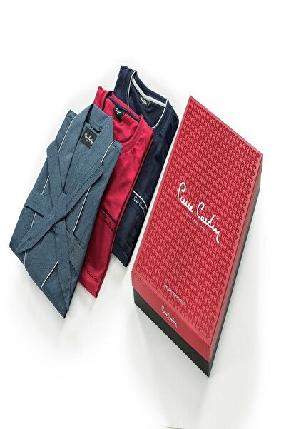 Pierre Cardin 5560 Erkek Lacivert Penye Uzunkol & Bordo Kısakol Pijama Ve Robdöşambr Çeyiz Seti