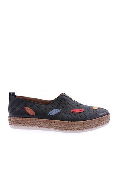 DGN Pantofi ocazional cu model de frunze cu laser cu detaliu din paie pentru femei, piele naturală neagră 10116210101