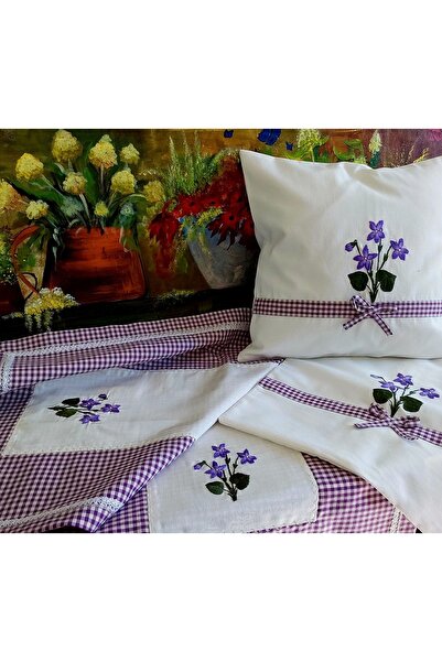 myyasminhome Violet Serisi Nakış Işlemeli %100 El Yapımı Runner Ve 2 Adet Kır...