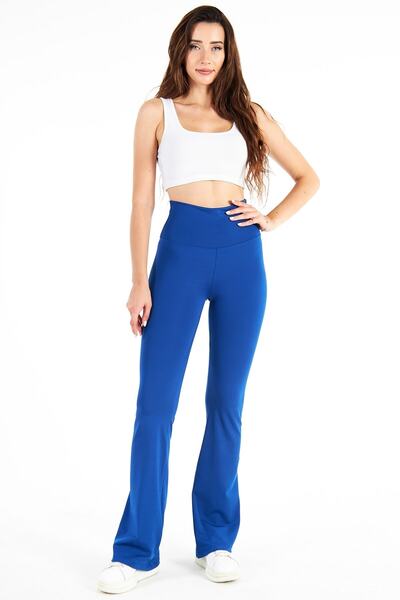 PodiumStar Kadın Saks Mavi Yüksek Bel Mat Toparlayıcı Ispanyol Paça Flare Dalgıç Kumaş Tayt Pantolon