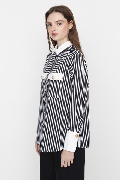 Trendyol Collection X Sagaza Studio fekete-fehér csíkos gombos részlet ing TPRAW23GO00021