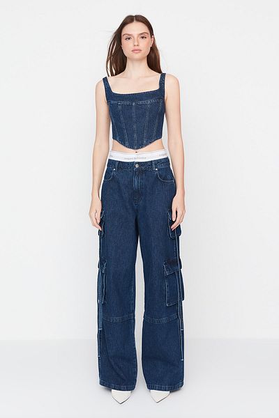 Trendyol Collection Blugi X Sagaza Studio Blue Buzunar Detaliați TPRAW23JE00005