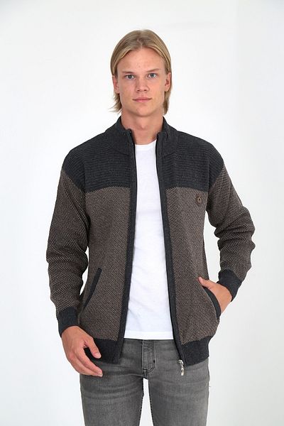 WİLDONE Men's Brown Zippered and Pocketed Cardigan