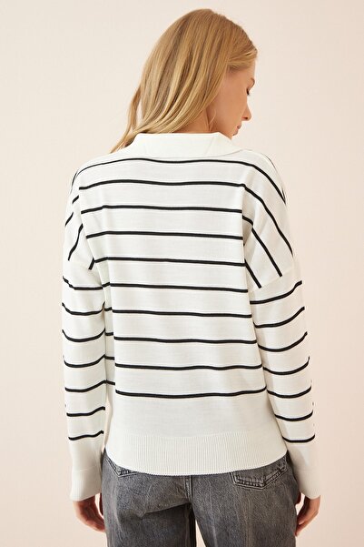 Happiness İstanbul Schwarzer, ecrufarbener, gestreifter Damen-Strickpullover mit Polokragen, Saison-Strick BV00012