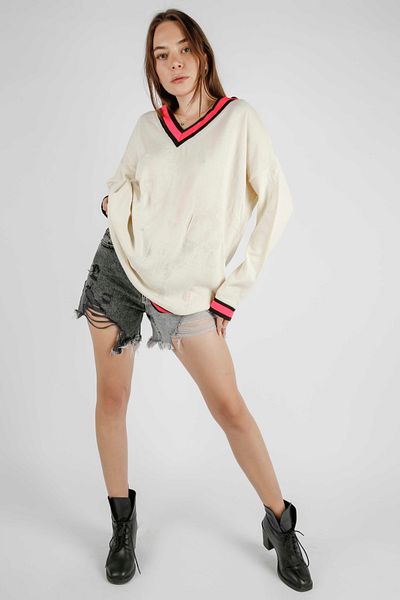 Shivi Fashion Women's V-Neck Stripe Detailed Casual Sweater