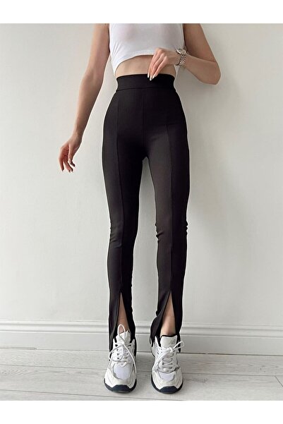 byhaziran butik Dámské černé španělské legíny s rozparkem a žebrovaným vysokým pasem