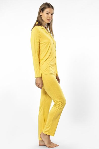 TÜREN Uzun Kollu, Önden Düğmel, Mevsimlik, Kadın Gömlek Pijama Takımı Sarı