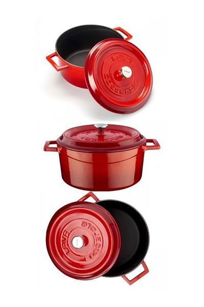 Lava Cast Iron 20cm Deep and 24cm Flat Double Pot Set Trendy Red (With Silicone Handle Gift)