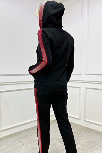 RICH GLAM Дамски комплект анцуг с качулка, кристален камък, черен, голям размер, от двойна прежда, памучен