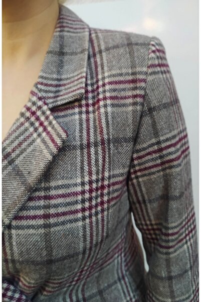 Hepsibitarz Kadın Kahverengi Kaşe Ekose Blazer Ceket