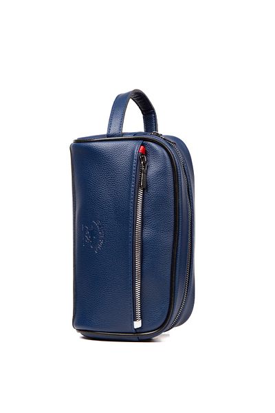Newish Men's Navy Blue Vegan Leather Water Resistant Cosmetic Bag Handbag Personal Bag Daily