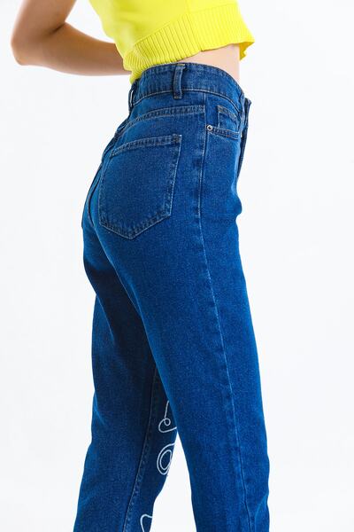 SHEVEGA Navy Blue Face Embroidered High Waist Mom Jean Leg Patterned Jeans