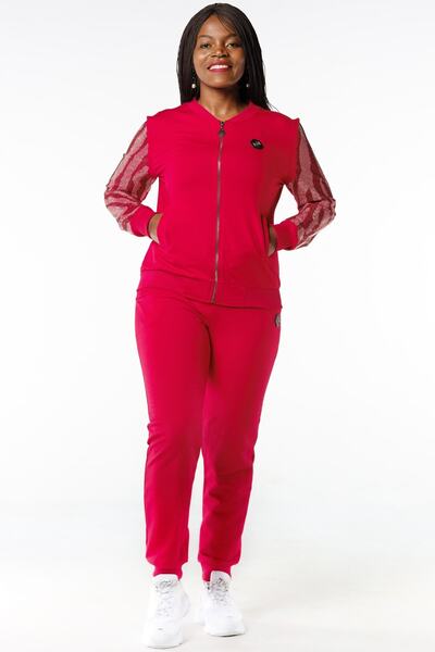 RICH GLAM Памучен дамски анцуг с цип и два конеца голям размер с кристални камъни на ръкавите