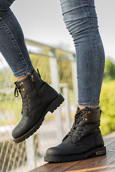 BOUIS Чоловічі чорні шнуровані ортопедичні черевики з рівною підошвою, що не пропускають вологу, з міцної шкіри, водонепроникні, зручні