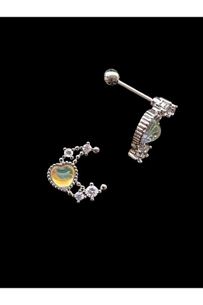 BK Design Cerrahi Çelik Piercing Tragus Helix Kalpli Ay Renkli Taşlı Gümüş Gr...