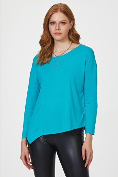 İKİLER Önü Dikişli Eteği Asimetrik Uzun Kol Bluz 223-1005